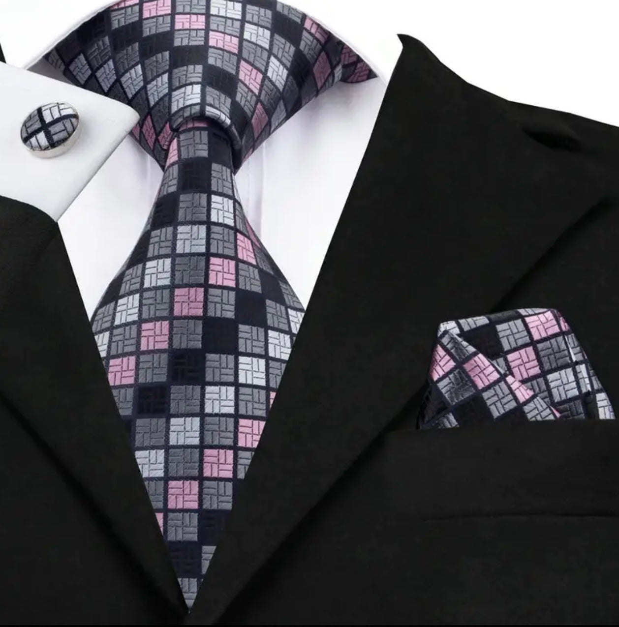 Pink Black Contemporary Grids Necktie Set