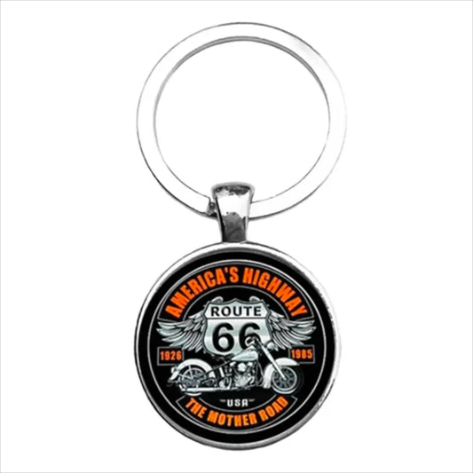 Motorcycle Route 66 Silver Keychain