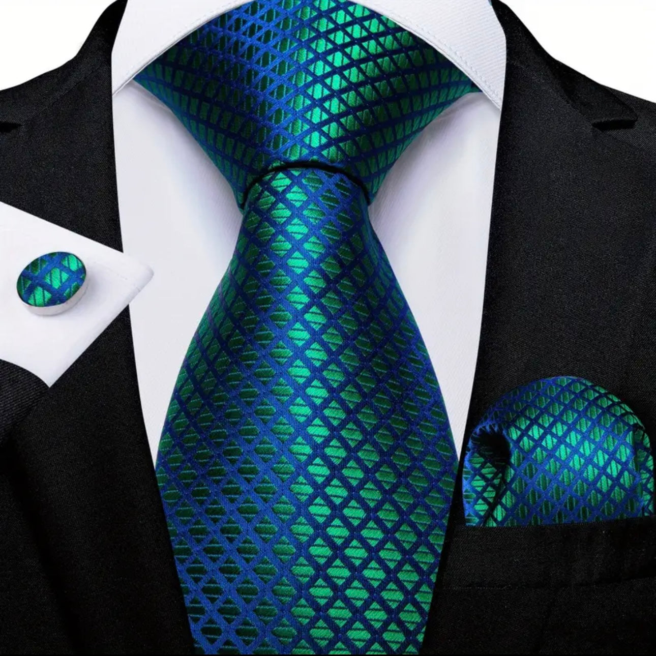 Green Blue Grid Necktie Set