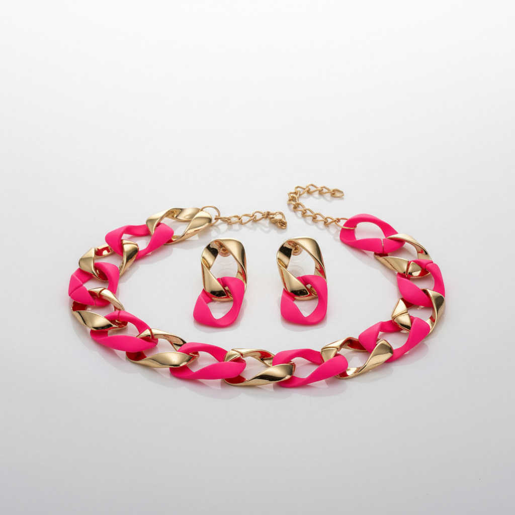 Neon pink and gold chain necklace and earrings on a light gray background