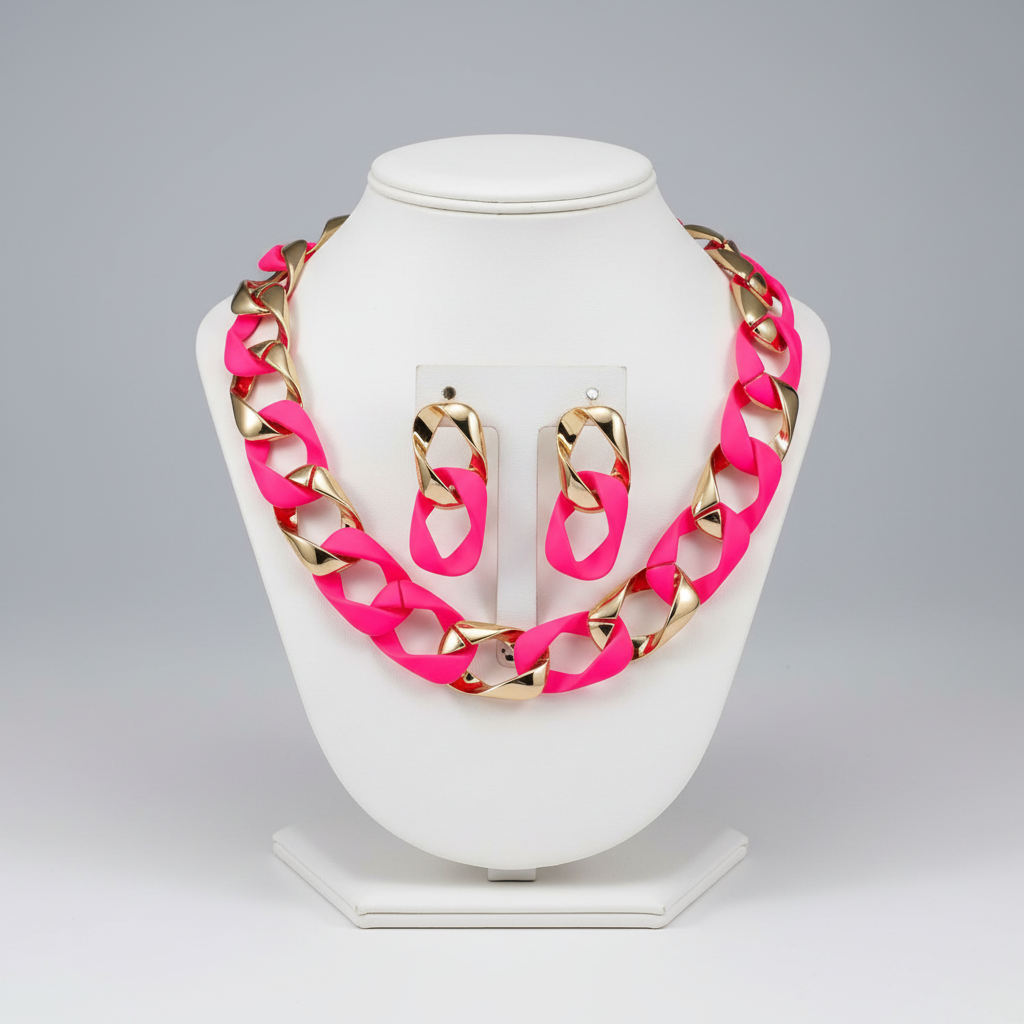 Necklace and earrings set with pink chain design on a white stand against a gray background