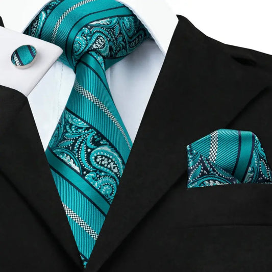 Teal Paisley Stripe Necktie Set