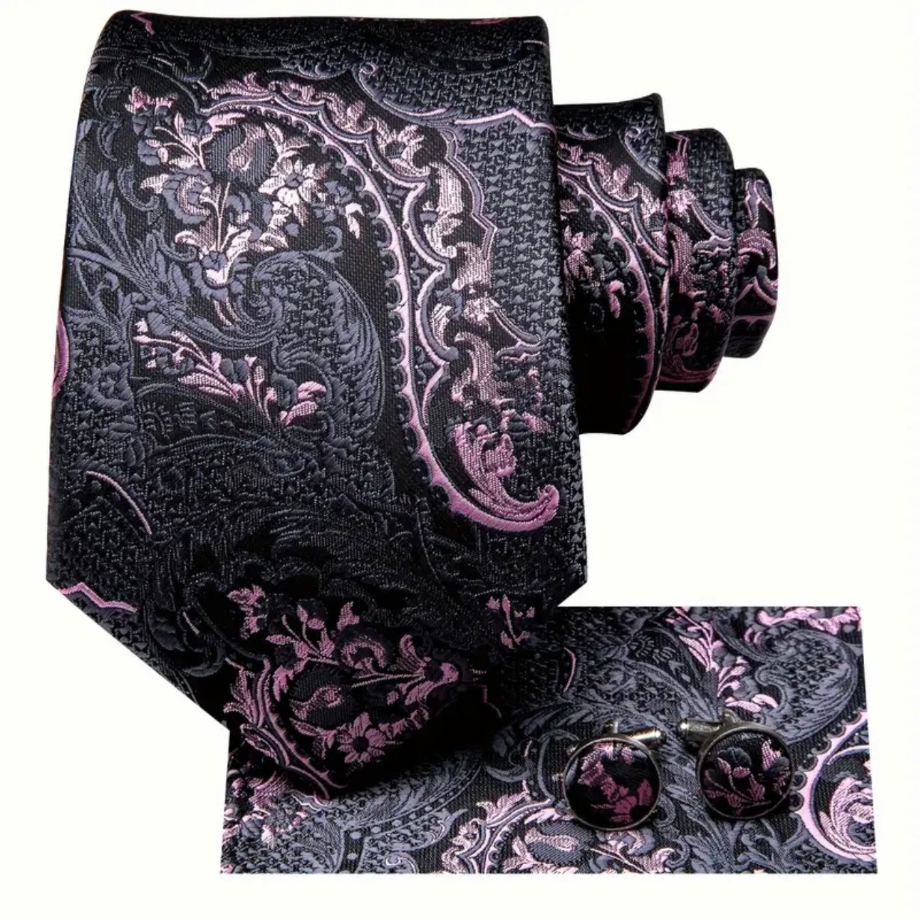 Pink Black Paisley Necktie Set