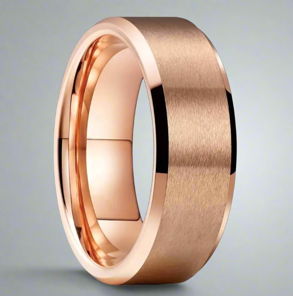 A rose gold banded ring with a textured finish on a polished stainless steel band.