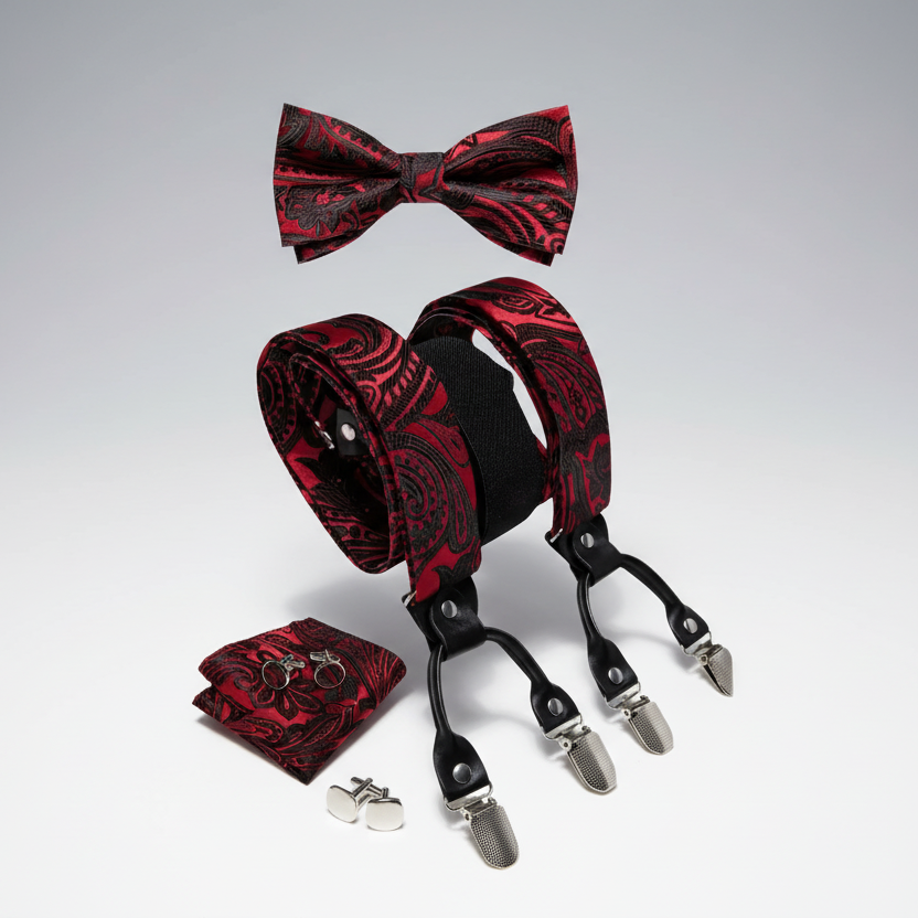 Red & Black Scroll Suspenders Bowtie Set