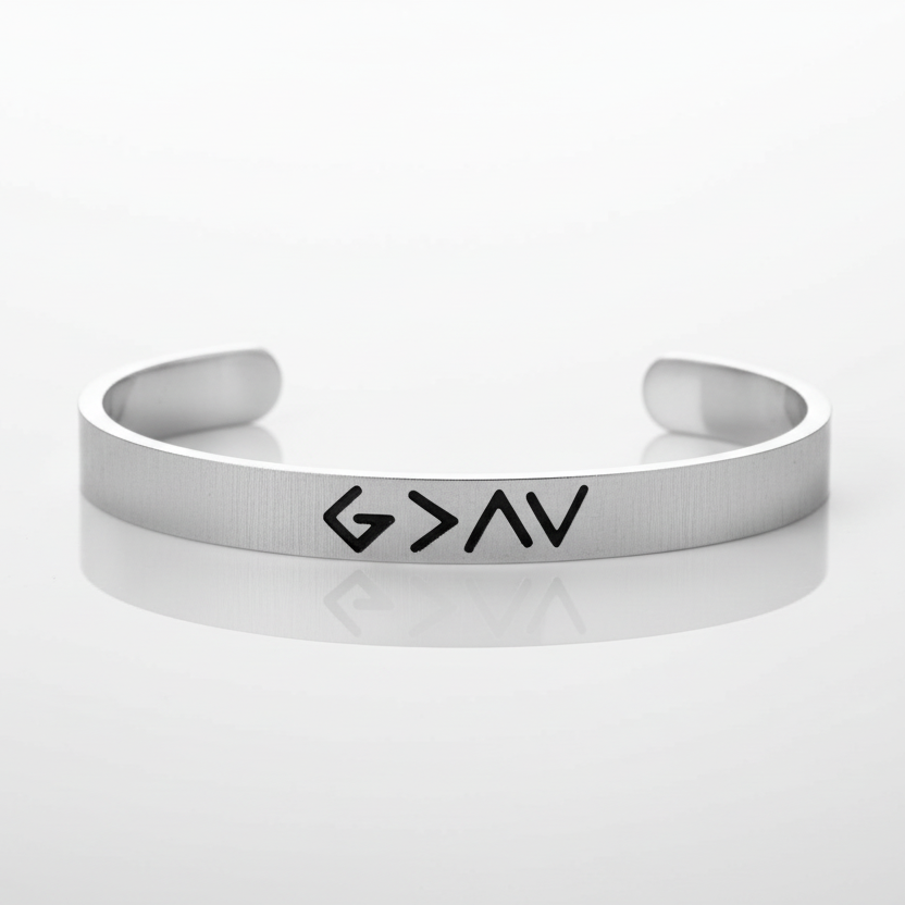 Silver bracelet with 'G > A V' engraving on a white background