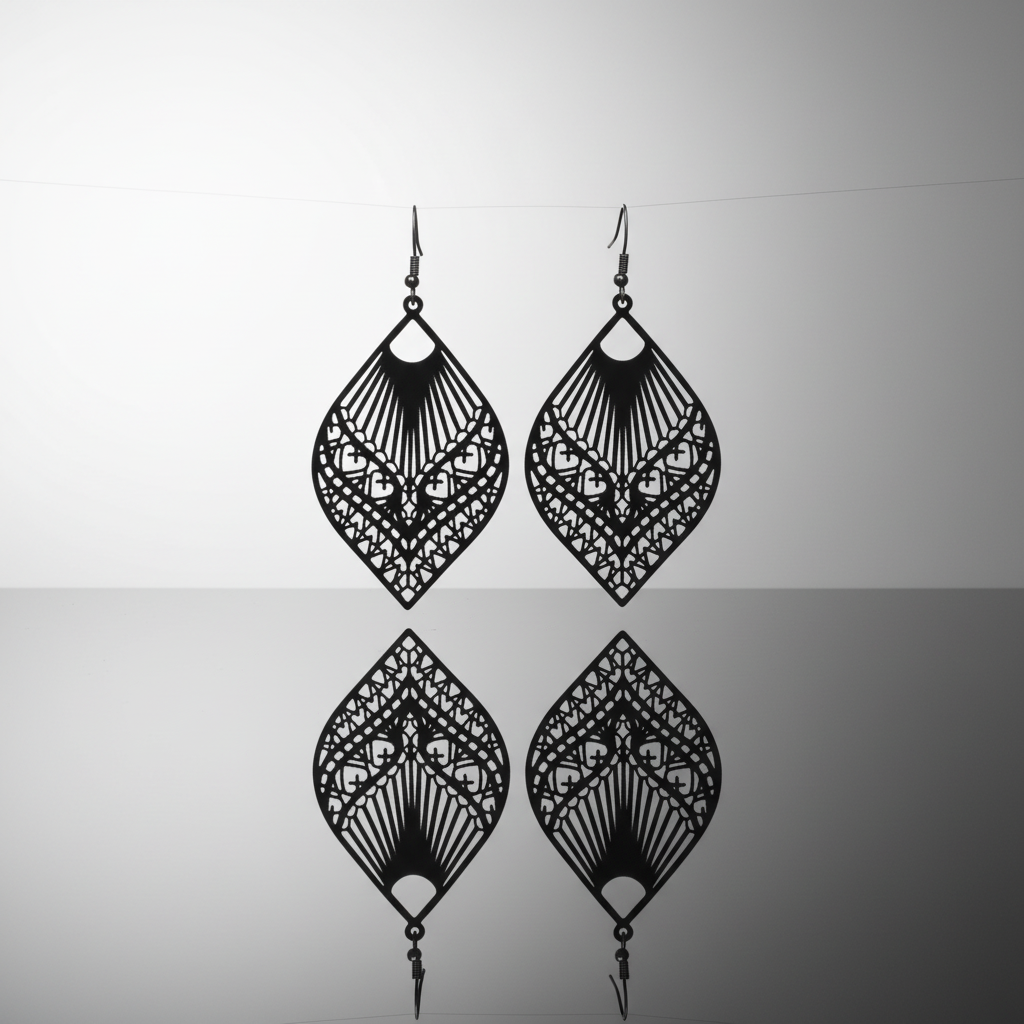 Black lace-style earrings on a gray background