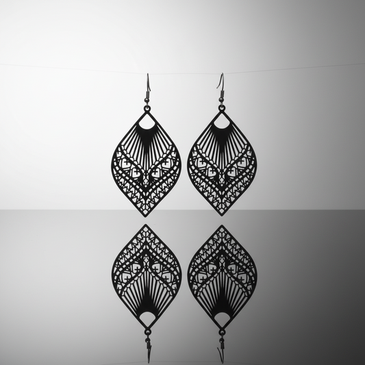 Black lace-style earrings on a gray background