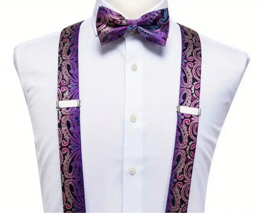 Purple Paisley Suspenders Bowtie Set
