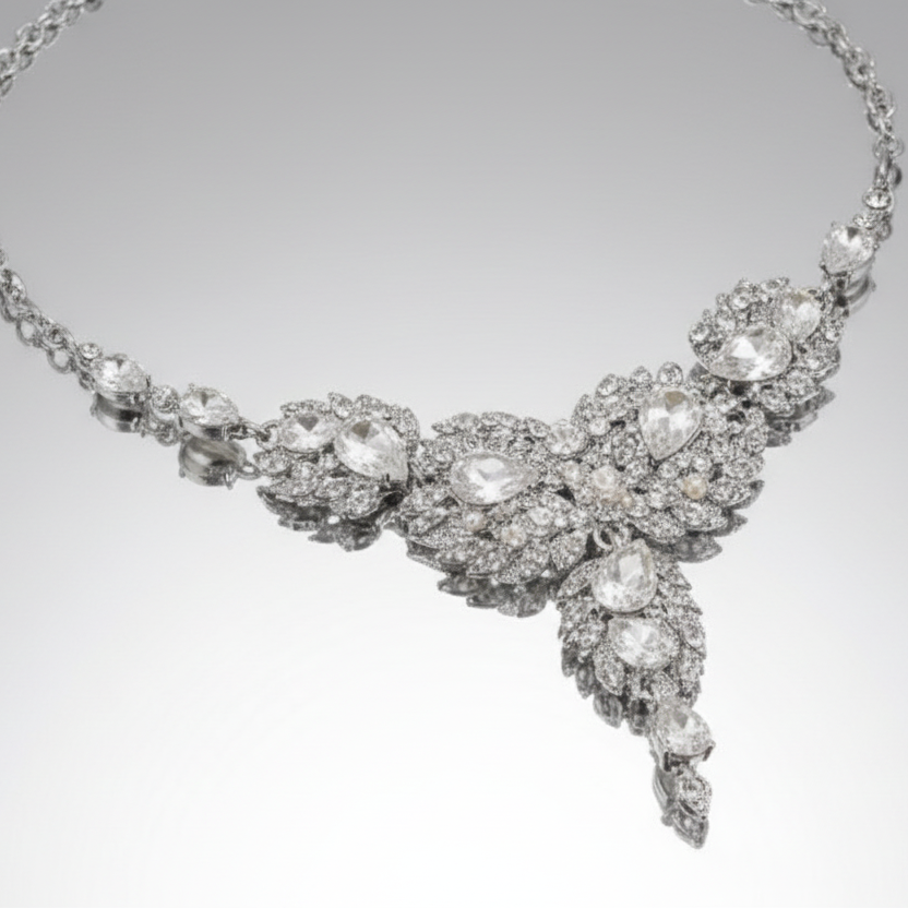 Elegant diamond necklace on a light gray background