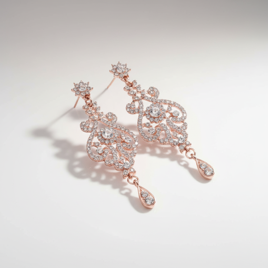 Rose gold earrings with intricate designs on a light gray background