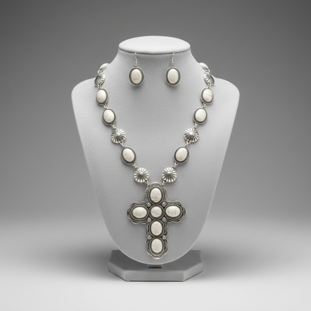 Jewelry set with necklace, earrings, and cross pendant on a gray background