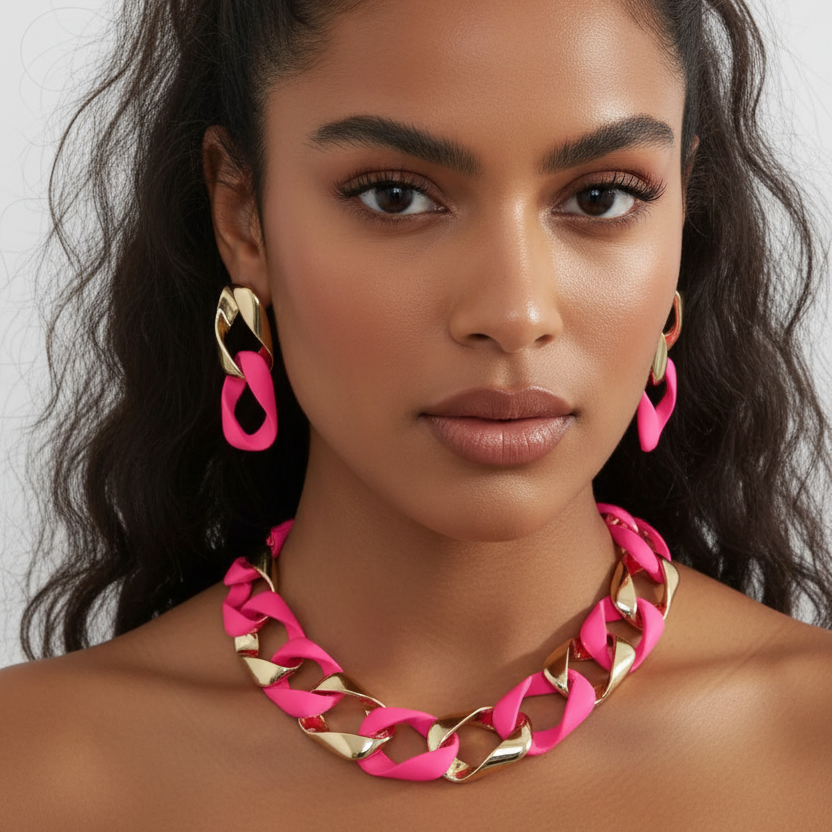 Woman wearing a pink and gold chain necklace and earrings against a white background