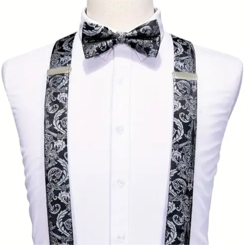 Grey Silver Black Suspenders Bowtie Set