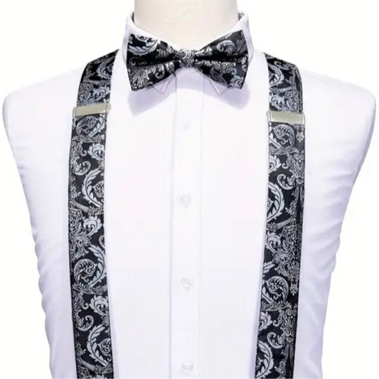 Grey Silver Black Suspenders Bowtie Set