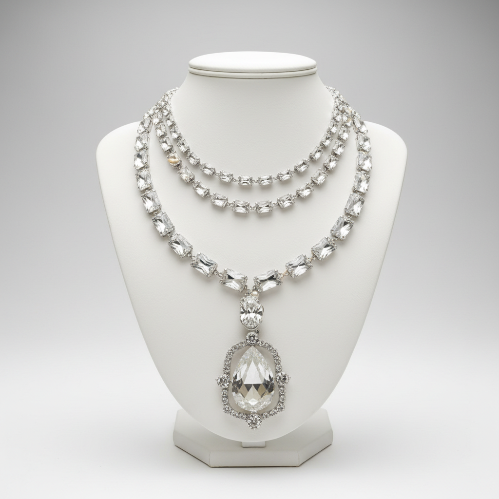 Elegant necklace with a large pendant on a mannequin bust against a gray background
