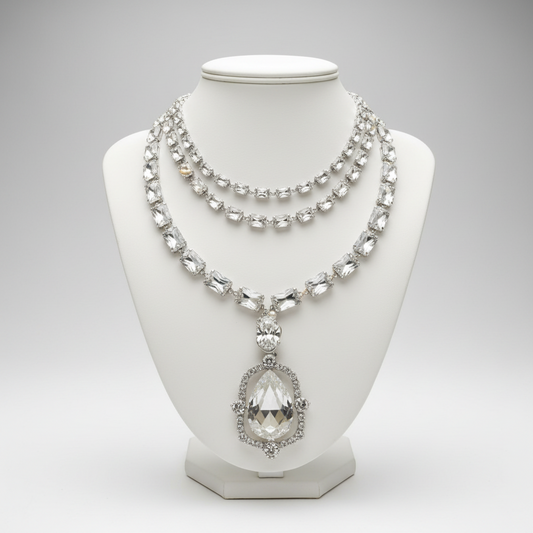 Elegant necklace with a large pendant on a mannequin bust against a gray background
