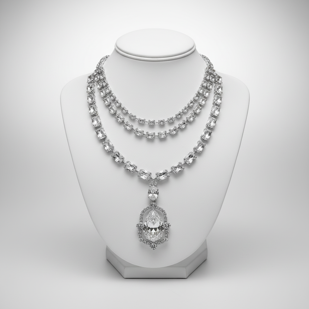 Elegant diamond necklace on a white mannequin bust against a light gray background