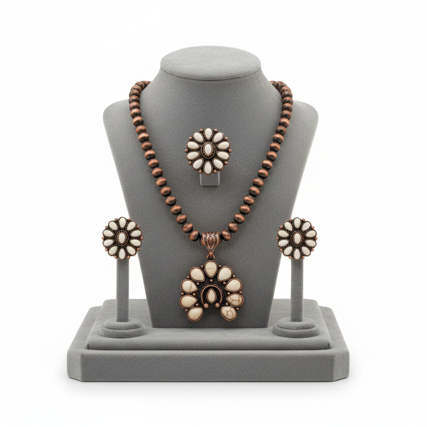 Petite White Bronze Turquoise Squash Blossum Set