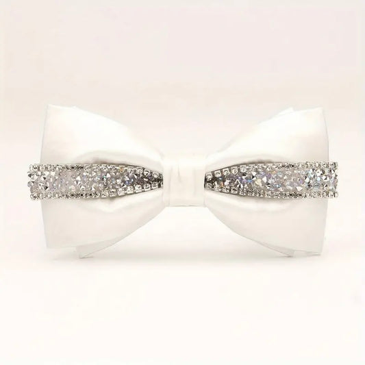 White Rhinestone Satin Bowtie