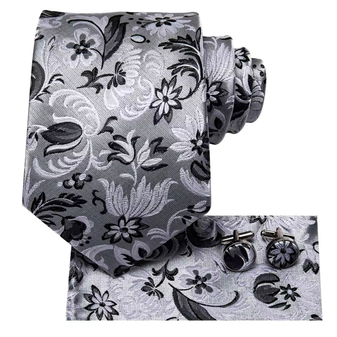 Silver Black Floral Necktie Set