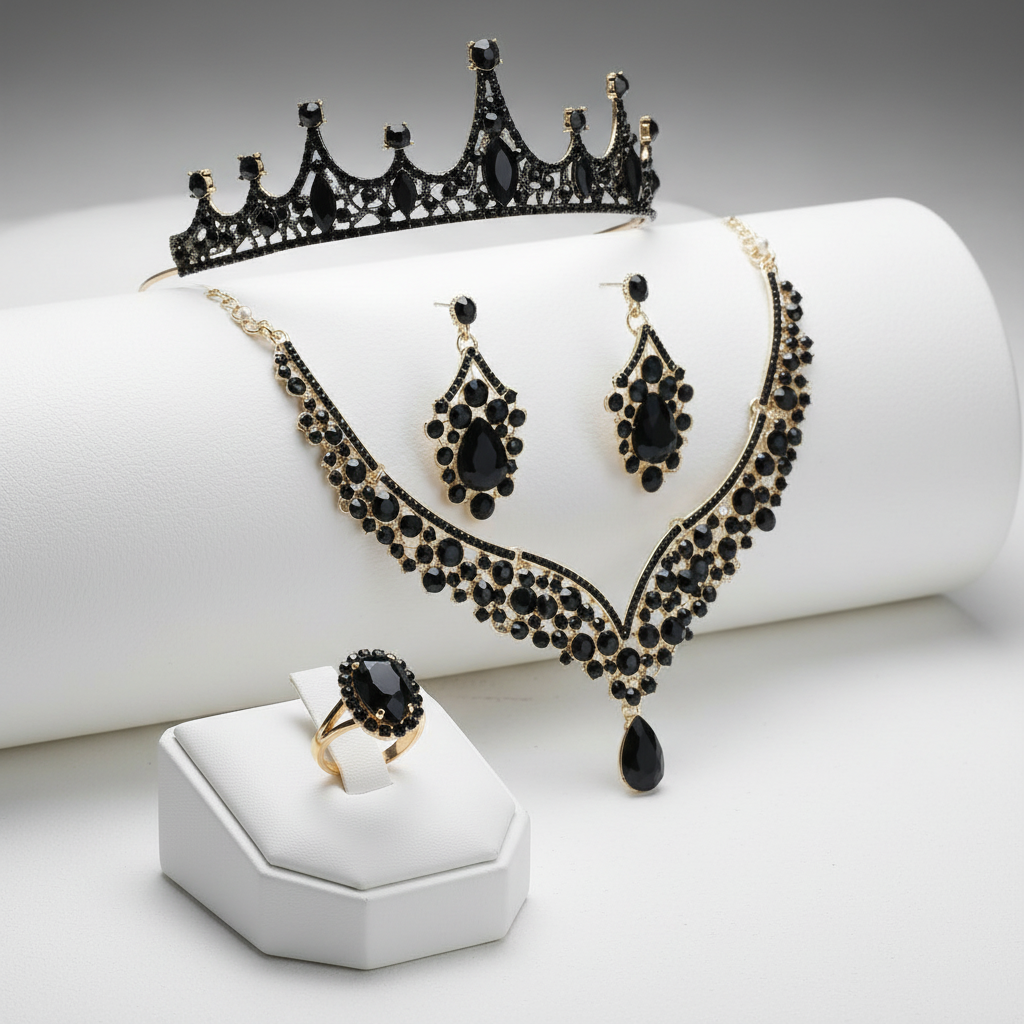 Black and gold jewelry set including necklace, earrings, and ring on a white surface.