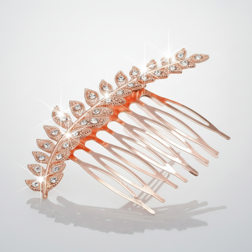 Rose gold hair comb with decorative leaf-like design on a light gray background