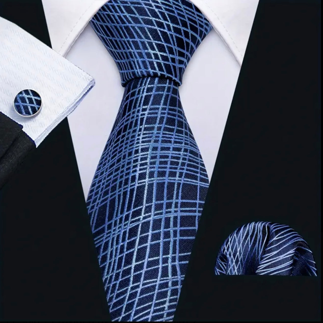 Blue Abstract Plaid Necktie Set