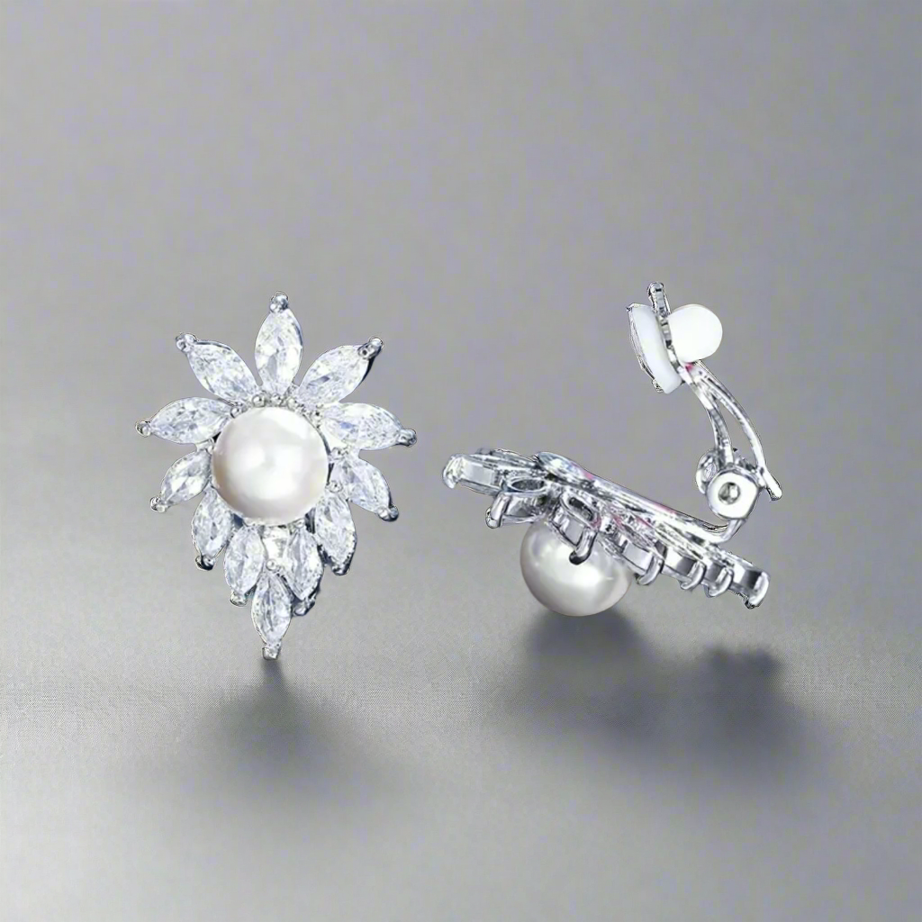 Pearl Rhinestone Clip Earrings