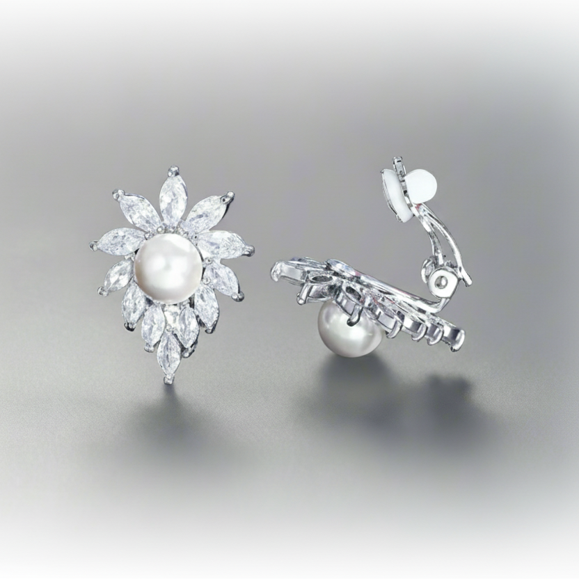 Pearl Rhinestone Clip Earrings