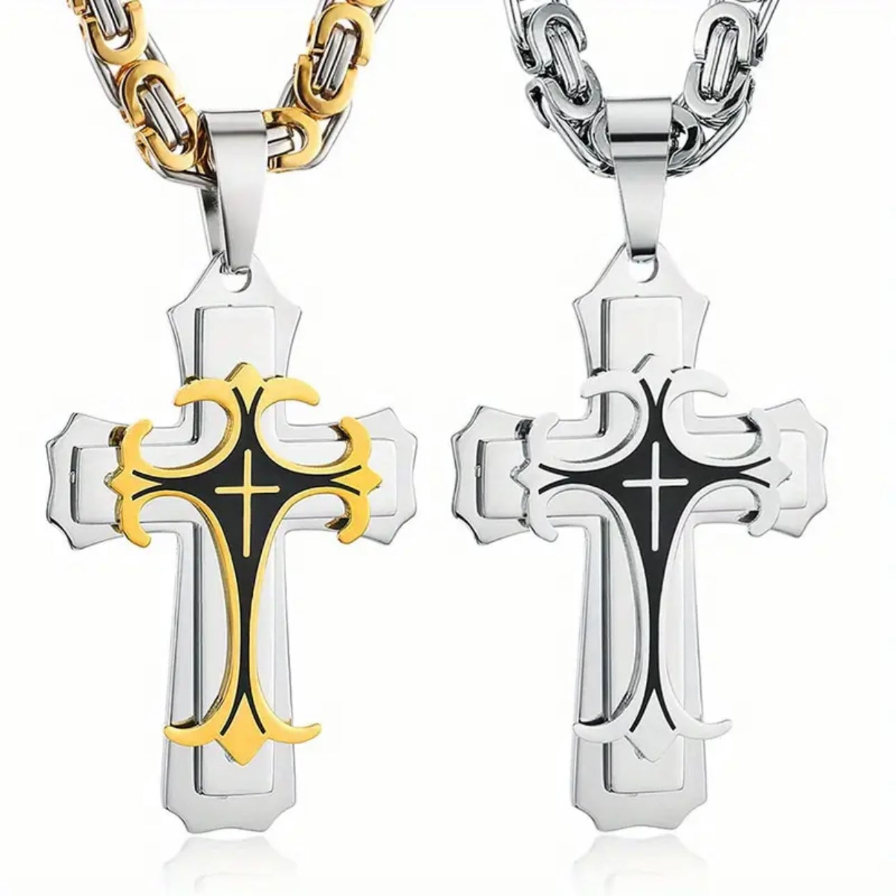 Silver Black Cross Steel Necklace