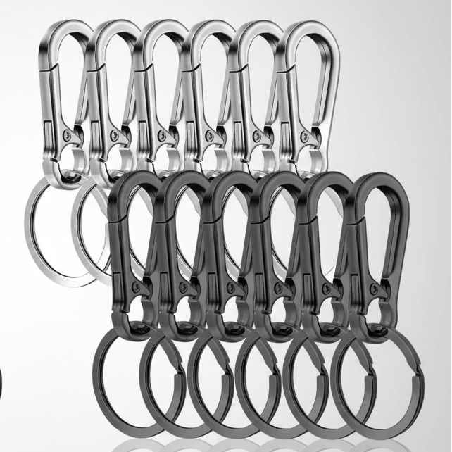 Set of metal carabiners on a reflective surface with a light gray background