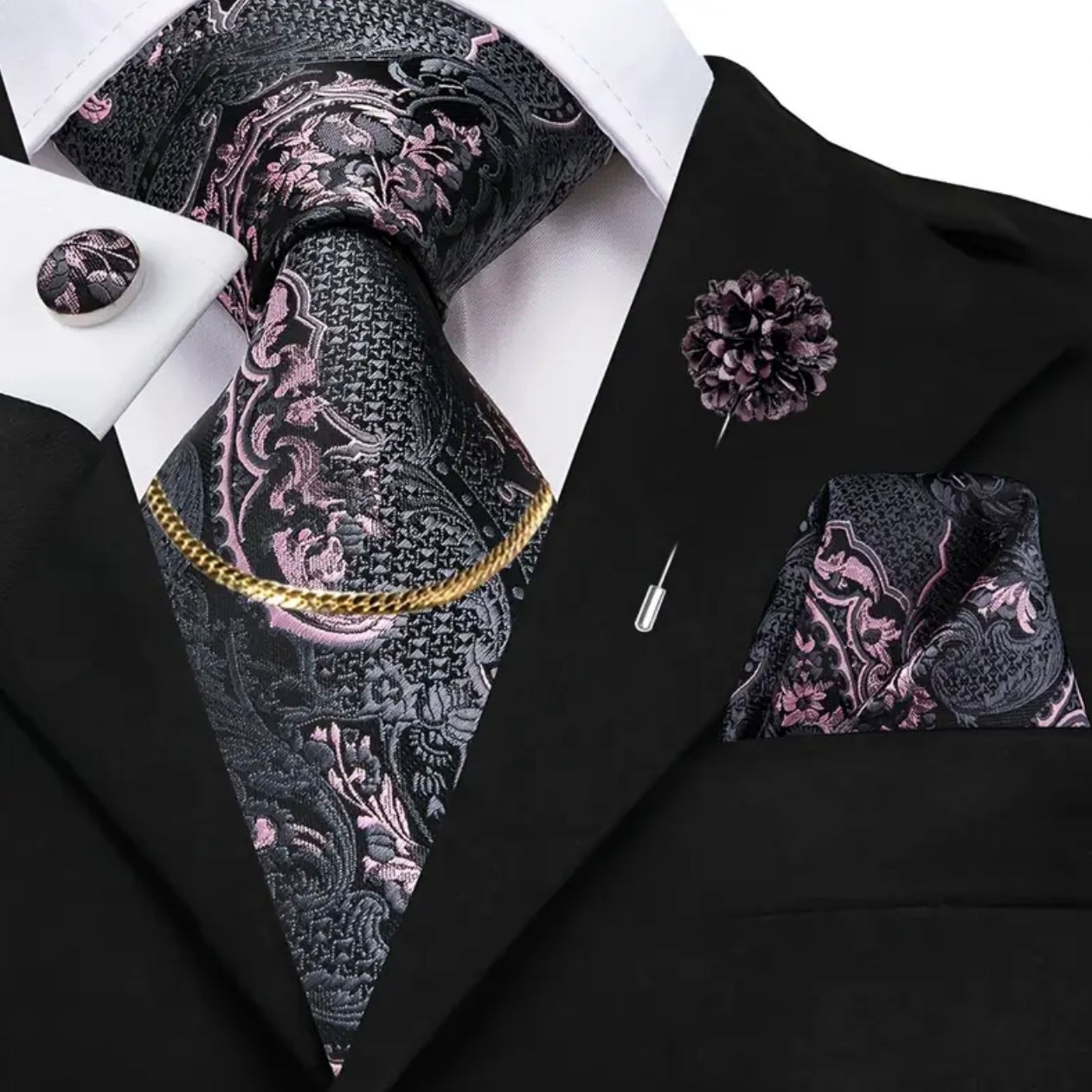 Pink Black Paisley Necktie Set