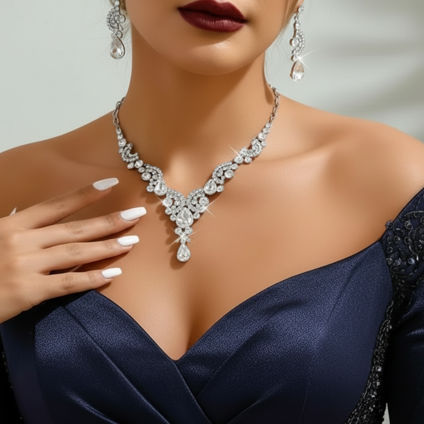 Woman wearing a blue dress with a necklace and earrings against a neutral background