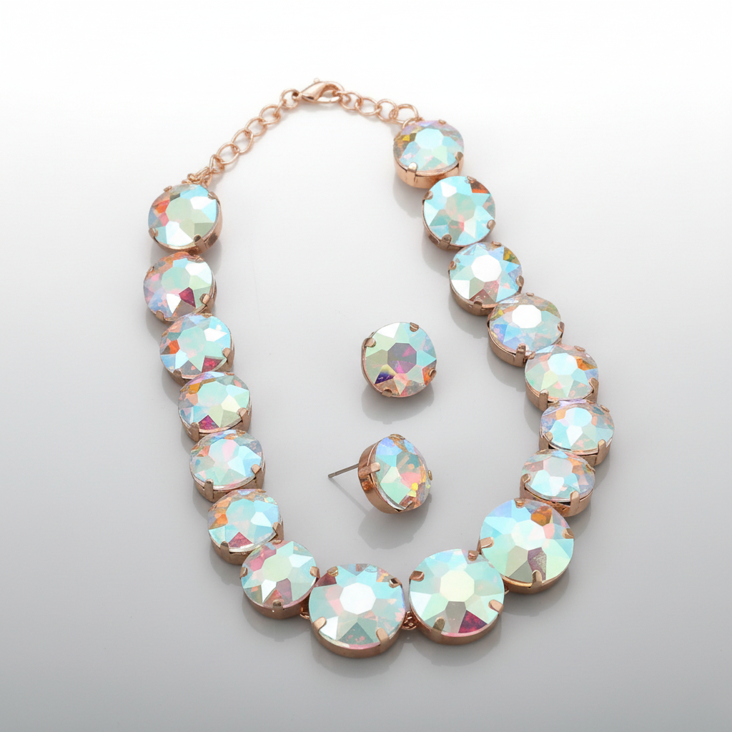 Necklace and earrings with iridescent beads on a light gray background