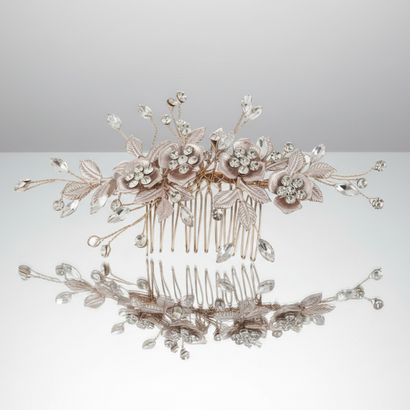 Decorative hair comb with floral and leaf details on a white surface