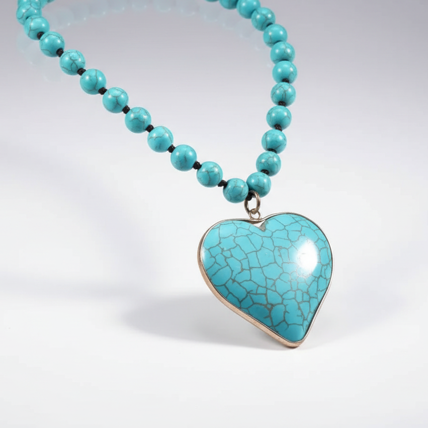 Turquoise Heart Cross Pendant Long Beaded Necklace