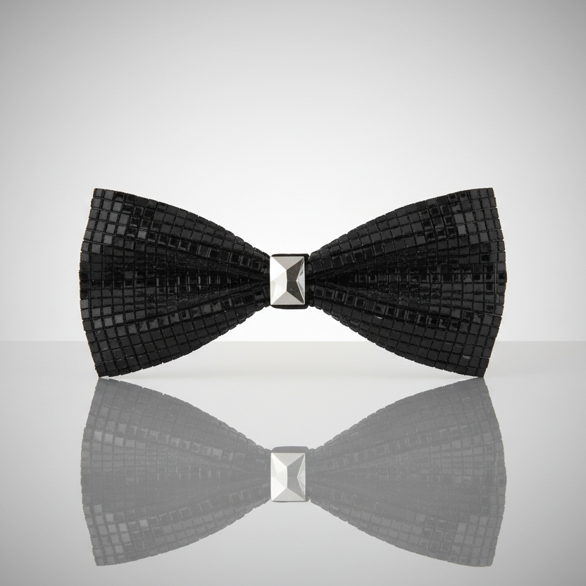 A black bow tie with a geometric pattern of acrylic beads.