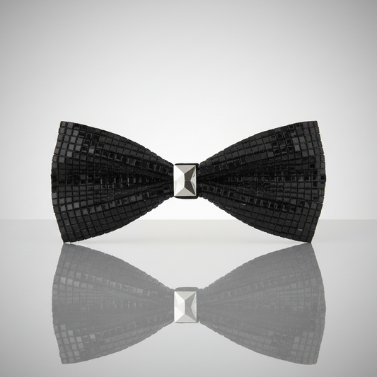 A black bow tie with a geometric pattern of acrylic beads.