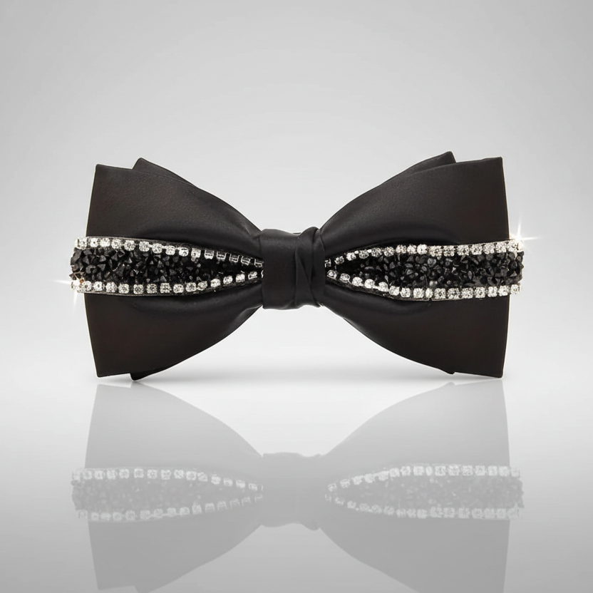 Black Rhinestone Satin Bow Tie