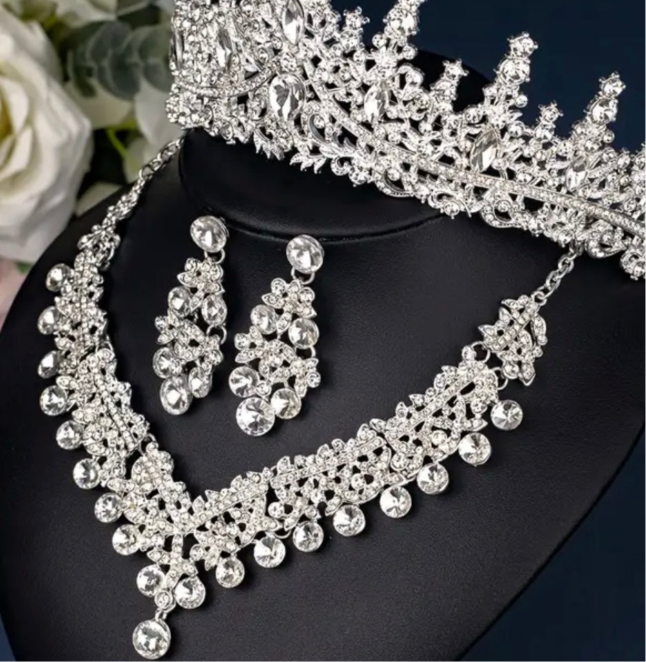 Silver Clear Tiara Jewelry Set