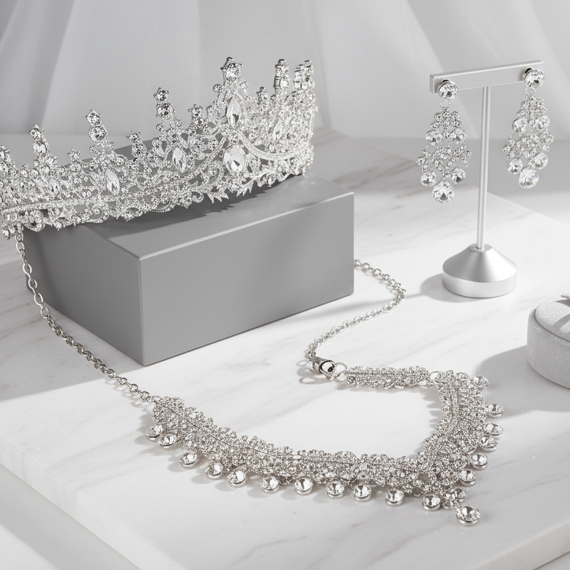 Silver jewelry set including tiara, necklace, earrings on a white surface.