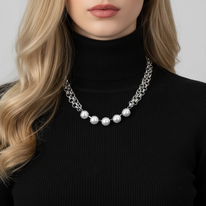 Pearl necklace worn by a person with a plain background
