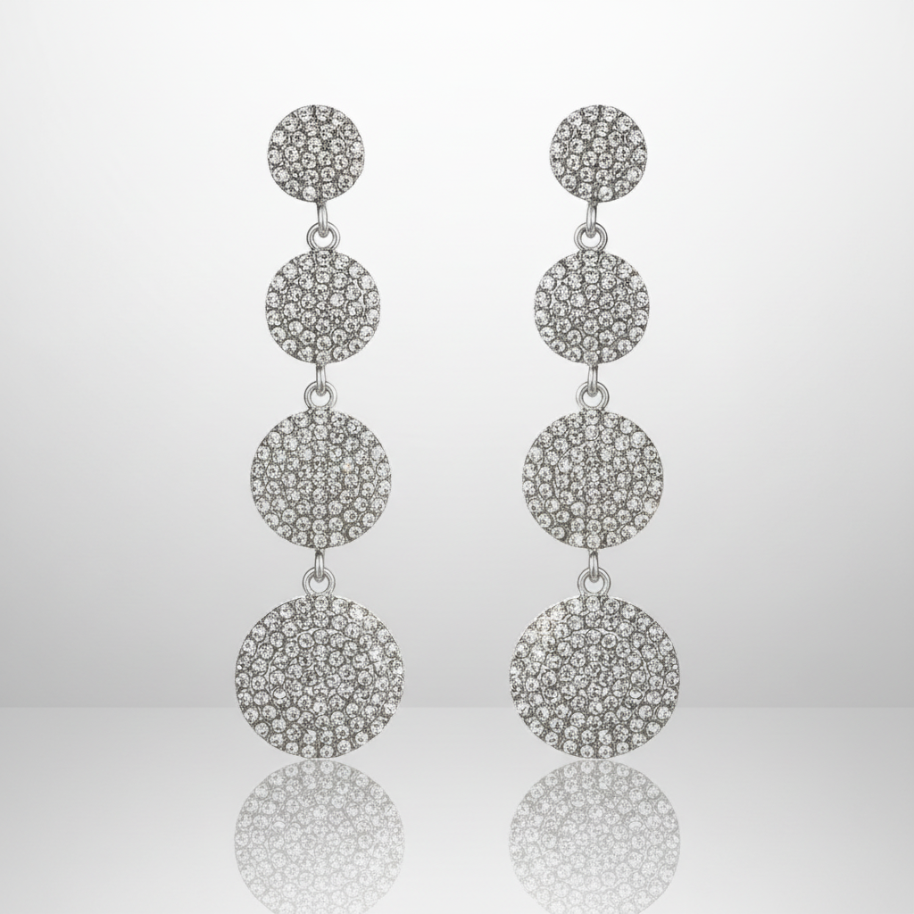 Silver earrings with multiple round pave stones on a white background