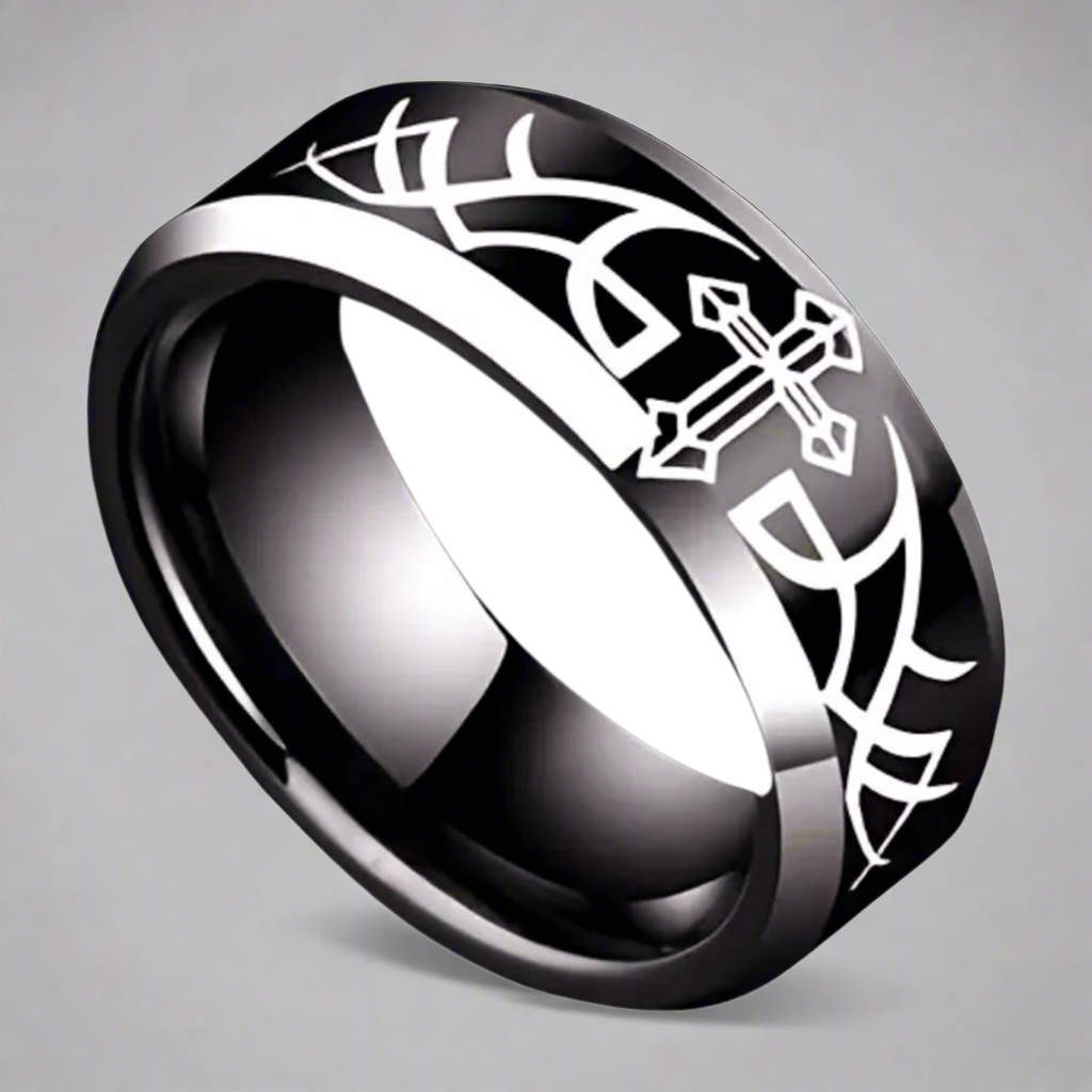 Cross & Scrolls Banded Ring