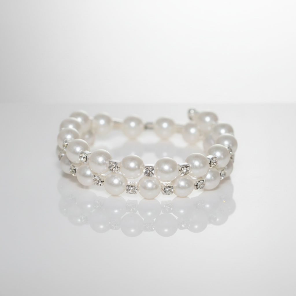 Pearl bracelet with small crystals on a white background
