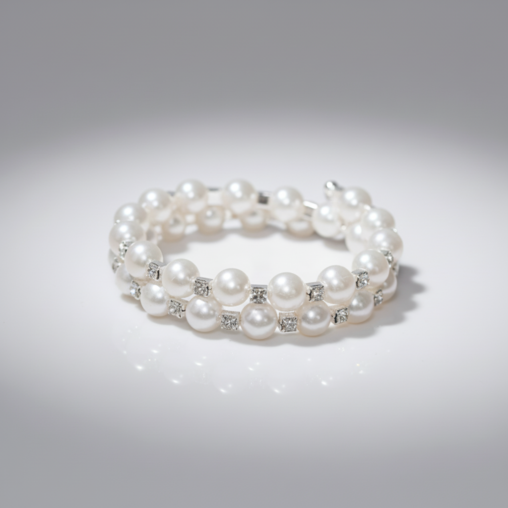 Pearl bracelet with embedded crystals on a gray background