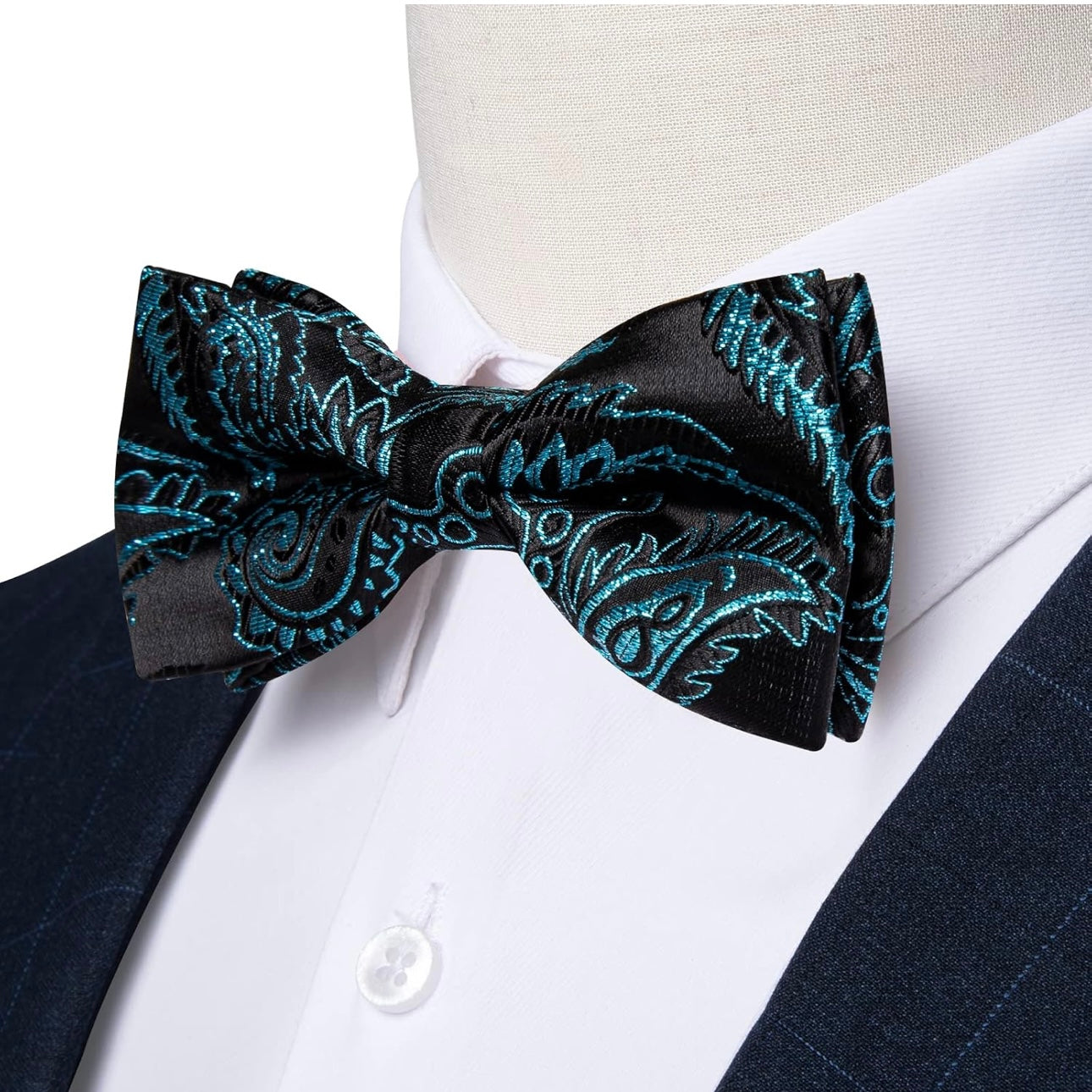 Peacock Blue Metallic Black Bowtie Set