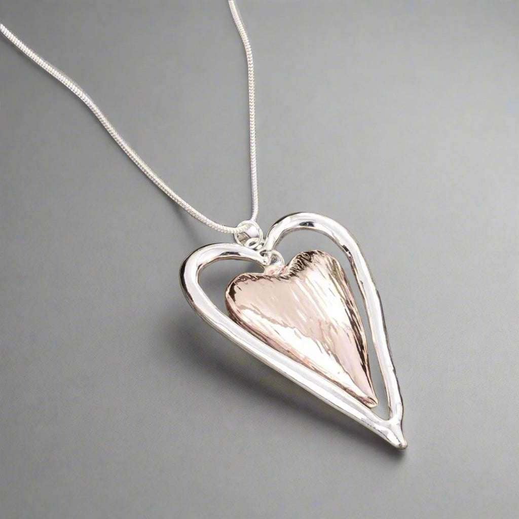 Rose Gold Silver Heart Long Necklace