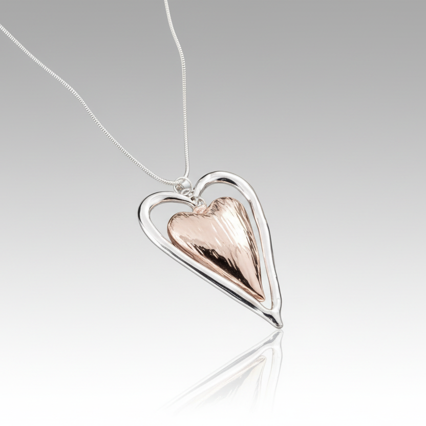 Rose Gold Silver Heart Long Necklace